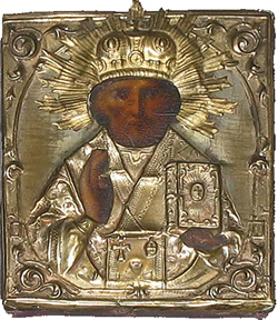 St Nicholas icon with brass oklad