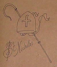 Sketch of crozier and miter with St Nicholas words