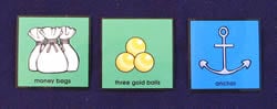 Money bags, gold balls, anchor