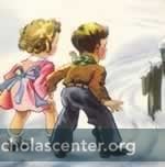 Two children walking in snow